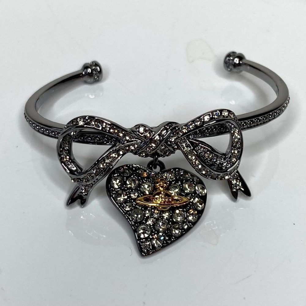 Vivienne Westwood Titanium Crystal Orb Heart Logo Bangle Charm Bracelet Cuff